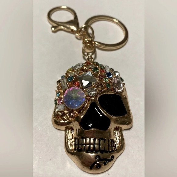 Heavy Gold-Tone Crystal Jewel Encrusted Skull Keychain Fob Purse Bag Charm NWOT - Picture 1 of 4